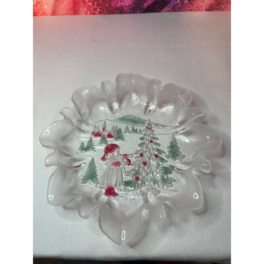 Vintage 1990 Mikasa Christmas Glass Bowl 14.5" Holiday Child Tree Ruffled Edge